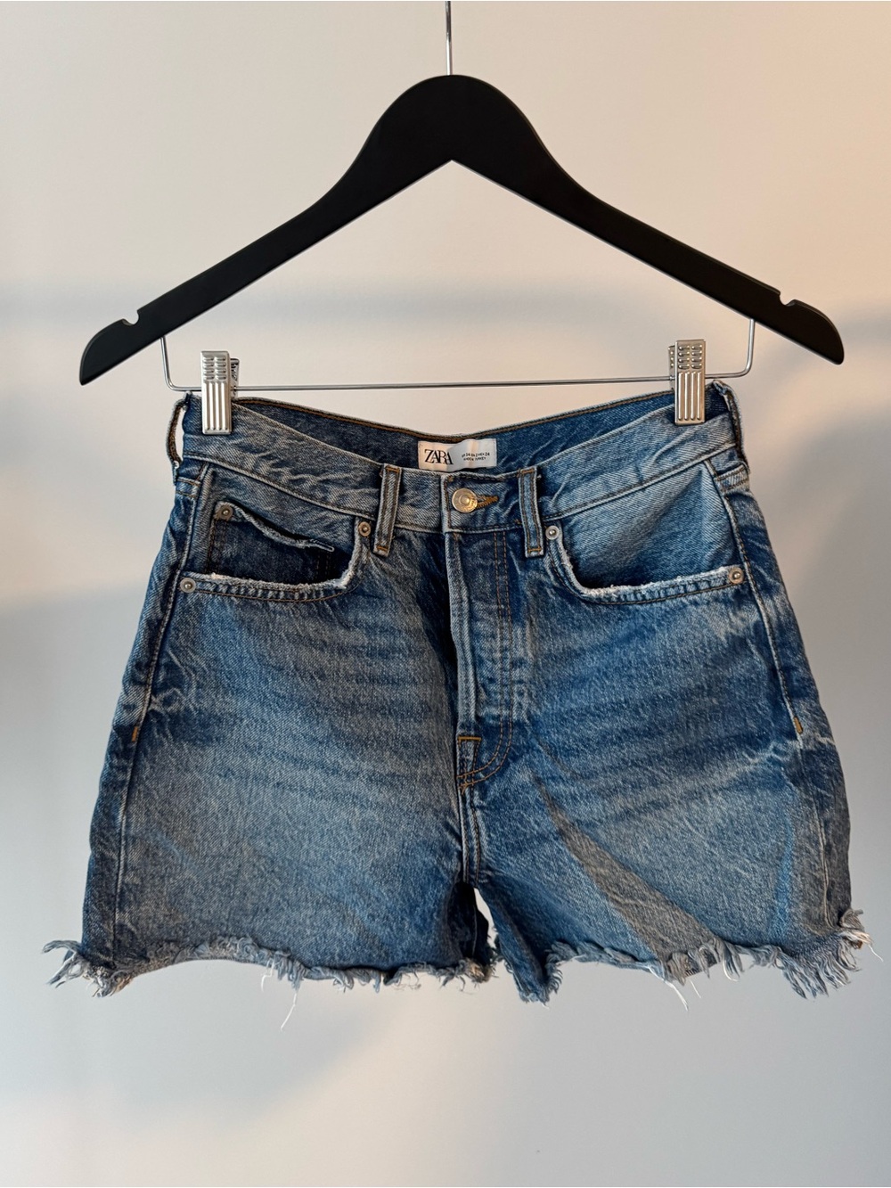 Zara Washed Blue Denim Frayed Hem Shorts